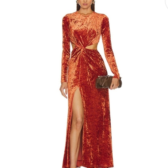 Significant Other- NWT Burnt Orange Crushed Velvet Longsleeve Cutout Midi Dress - Picture 1 of 5